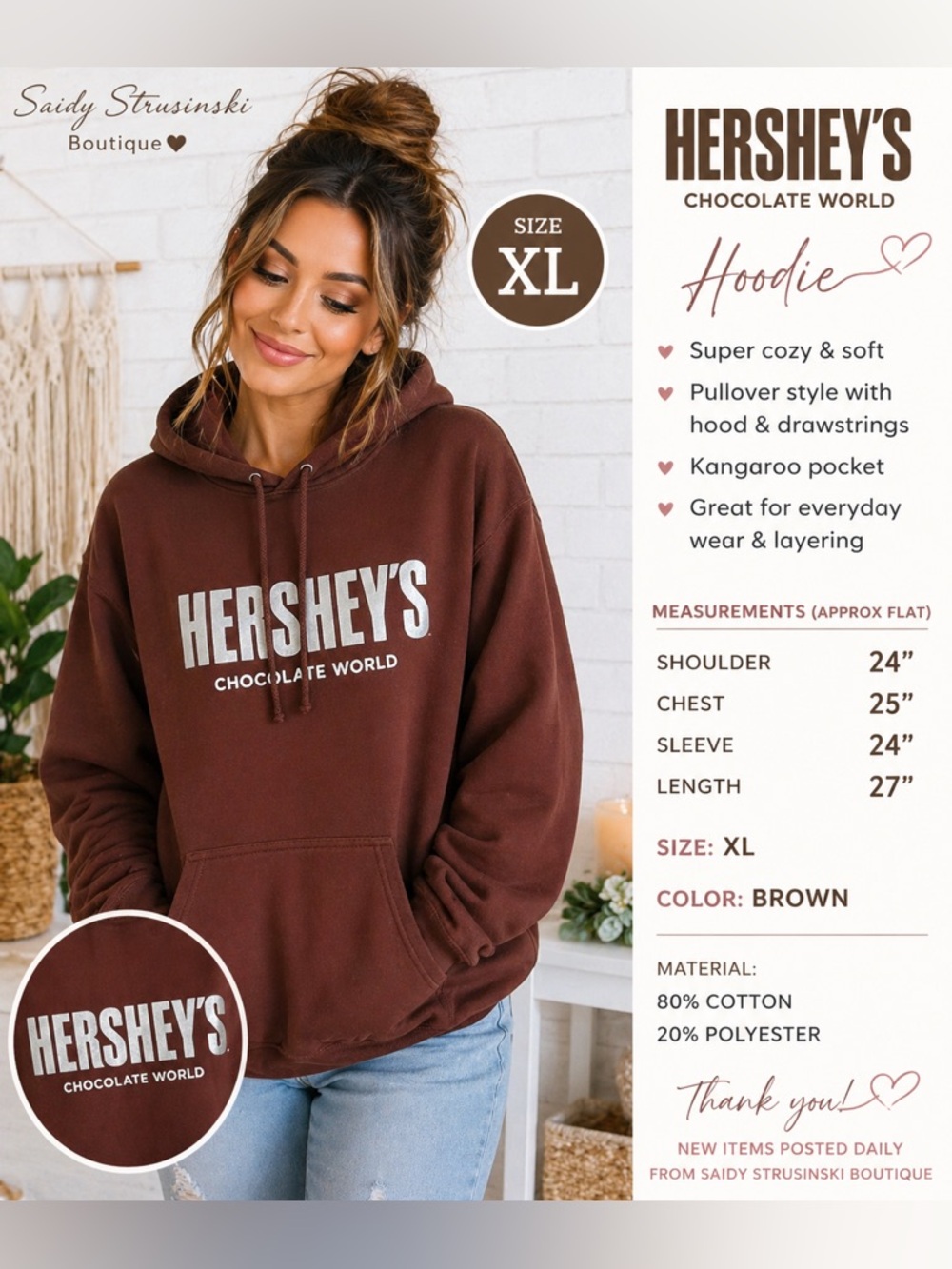 Hershey’s Chocolate World Hoodie XL Brown Graphic Pullover Unisex Streetwear